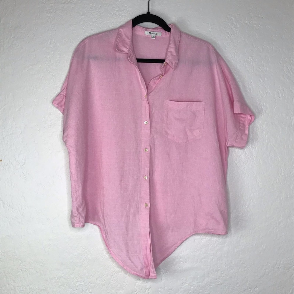 Madewell Women's Short-Sleeve Tie-Front Linen Cotton Button Top Size Large